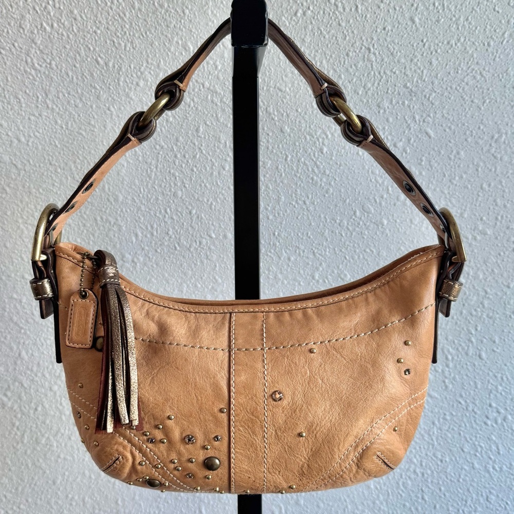 VTG Coach Soho Studded Boho Shoulder Bag Y2K 2000s Rhinetone Bronze Tan